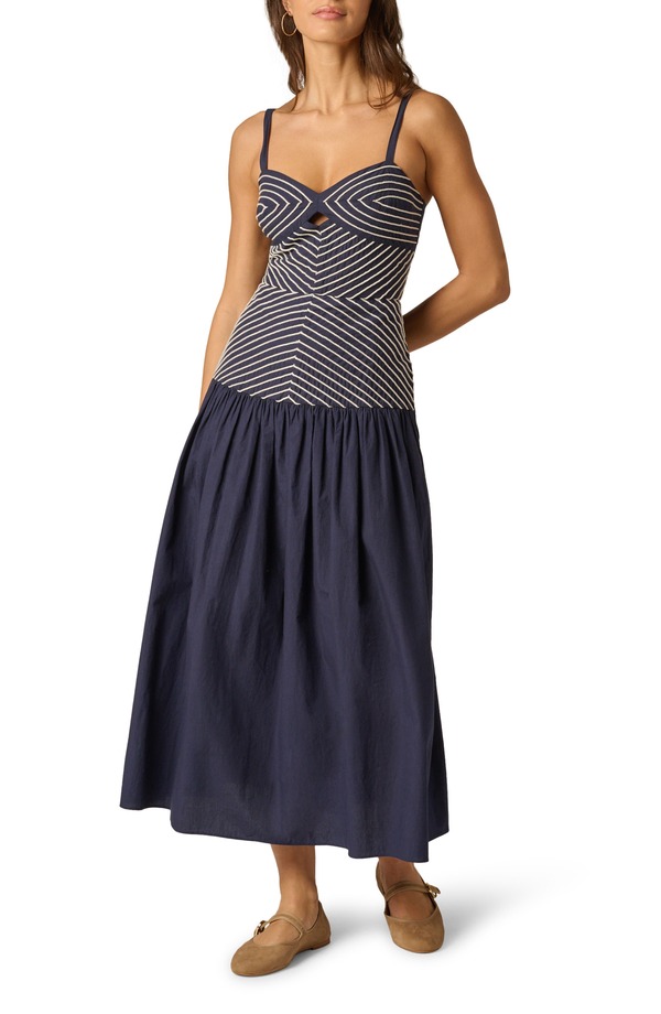 アドリアナ パペル レディース トップス ワンピース カットアウト ミディ コットン 刺繍 Adrianna Papell Embroidered Cutout Drop Waist Cotton Midi Dress Navy/ Ivory アイボリー