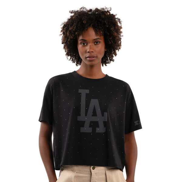 クランク レディース トップス プルオーバー クロップド Women\u0027starter Black Los Angeles Dodgers Rhinestone Sprinkle Boxy Cropped T-Shirt Black 黒いこと