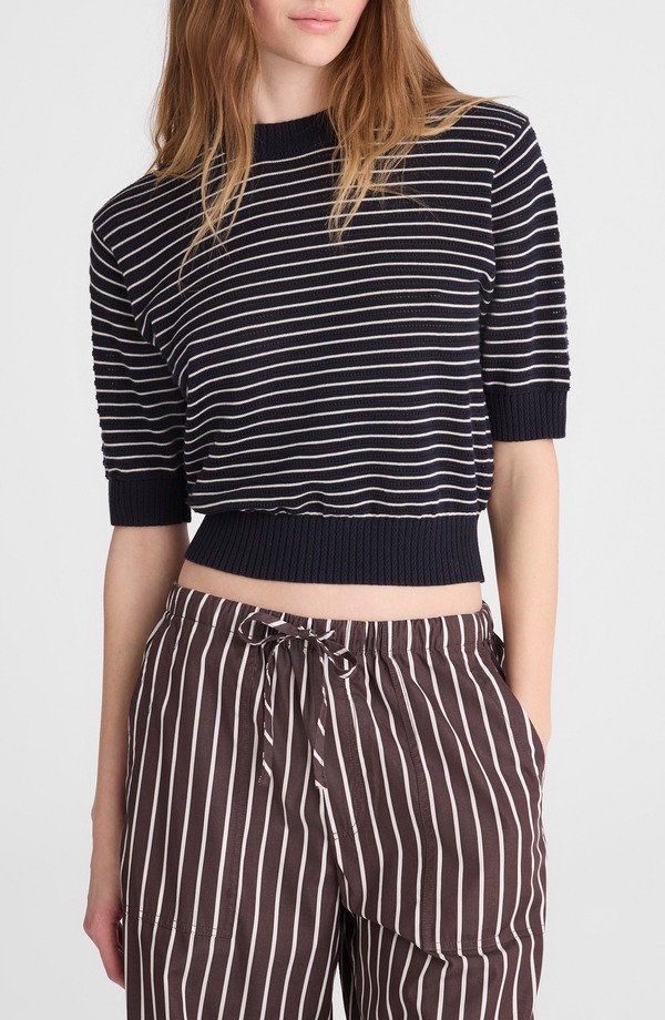 メイドウェル レディース アウター パーカー・スウェット クルーネック セーター コットン Madewell Textural Stitch Cotton Crewneck Sweater Navy And Ivory Mini Stripe アイボリー|ReVida 店