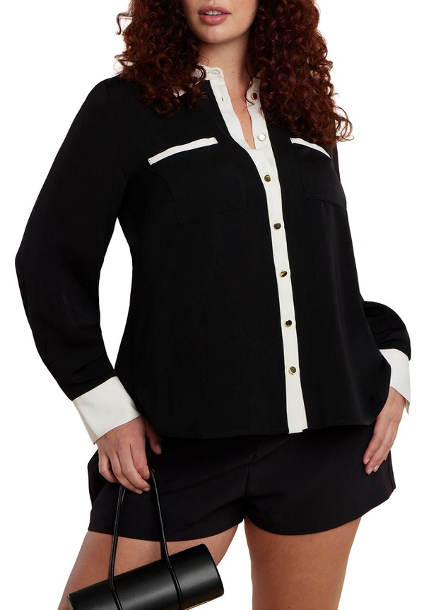 エロクイ レディース トップス シャツ ELOQUII Combo Collared Long Sleeve Shirt Black On Cream クリーム