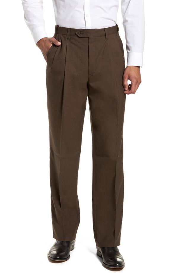 ベール メンズ ボトムス カジュアルパンツ プリーツ Berle Self Sizer Waist Pleated Lightweight Plain Weave Classic Fitrousers Brown ブラウン