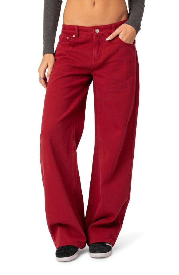 アディクテッド レディース ボトムス デニムパンツ ワイドレッグ ジーンズ EDIKTED Roman Slouchy Wide Leg Jeans Burgundy バーガンディ