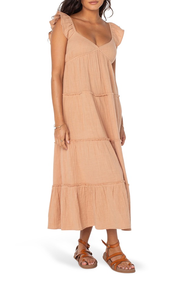 ロキシー レディース トップス 衣装 ティアード midi 綿織物 Roxy Palmy Days Tiered Cotton Midi Dress Praline Solid Stamp