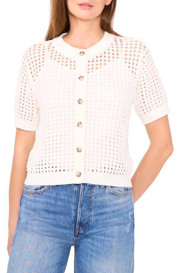 セセ レディース アウター パーカー・スウェット ジレー CeCe Open Stitch Short Sleeve Cardigantique White 白いこと