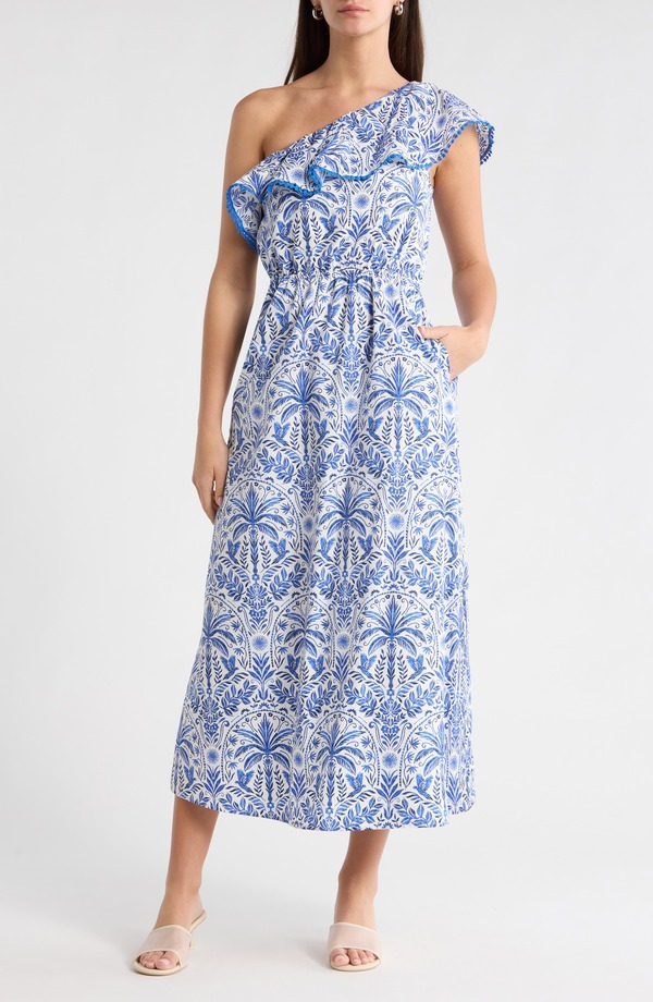 シュガーリップス レディース トップス 衣装 刷り上げる 一肩先 綿織物 SUGARLIPS Romina Tropical Print One-Shoulder Cotton Dress Blue-White-Multi 白いこと