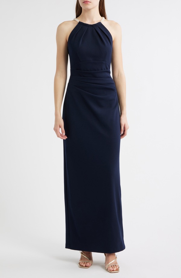 エリザジェイ レディース トップス ワンピース Eliza J Faux Pearl Neckline Gownavy ネイビー