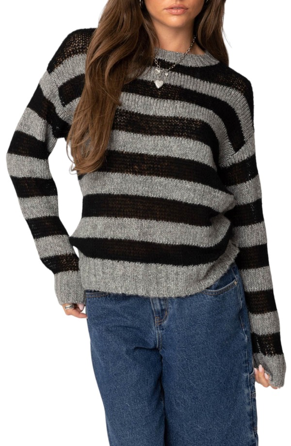アディクテッド レディース アウター パーカー・スウェット スウェーター EDIKTED Stripe Sweater Black/Grey 黒いこと