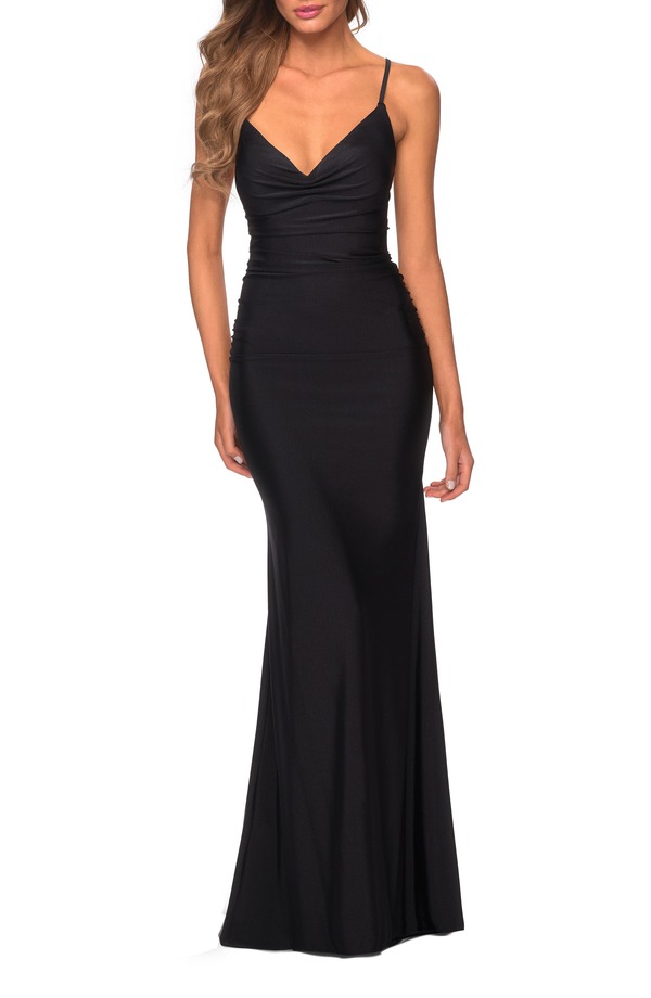 ラフェム レディース トップス ワンピース ドレープ ジャージー La Femme Long Jersey Dress with Draped V-Neckline and Ruching Black ブラック