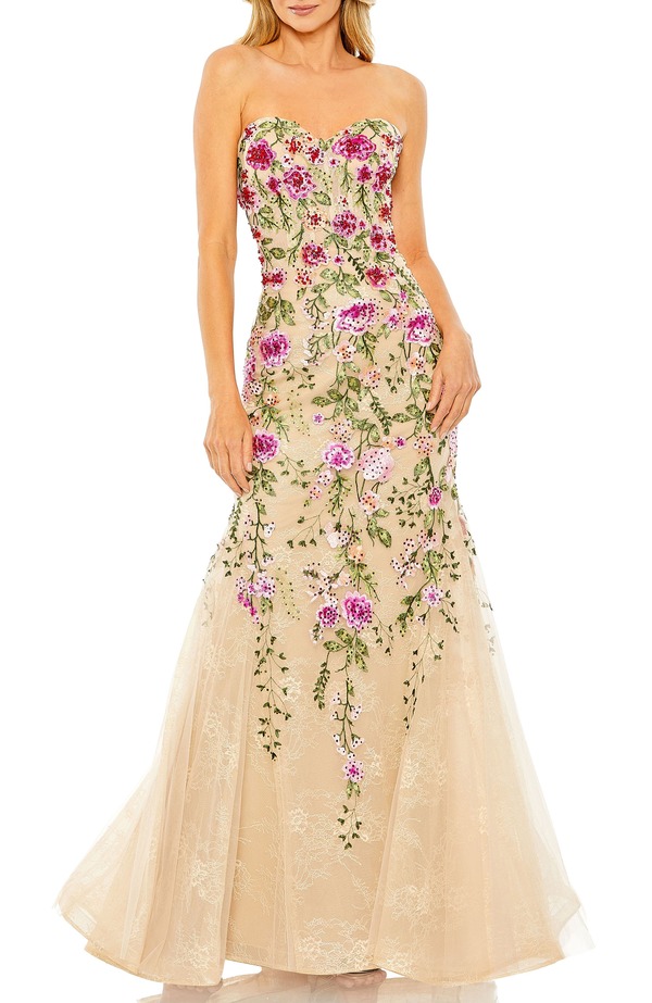 マックダガル レディース トップス ワンピース シアー ストラップレス 刺繍 Mac Duggal Straplessheer Bustier Embroidered Mermaid Gown Pink Multi ピンク