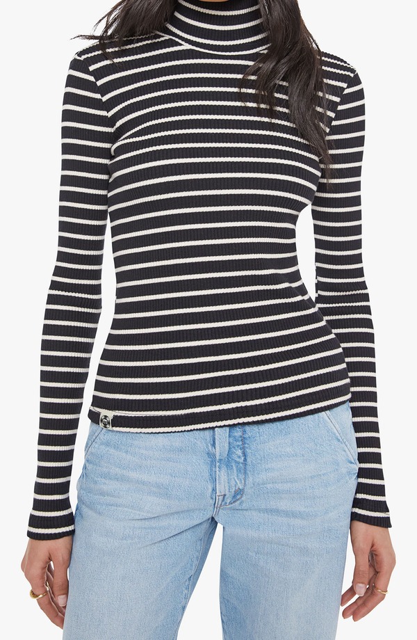 マザー レディース トップス シャツ モックネック MOTHER The Long Sleeve Hickey Mock Neck Top Black And White Stripe ホワイト