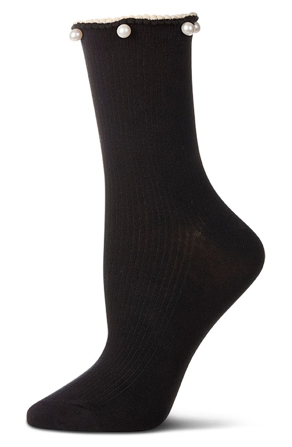 メモイ レディース アンダーウェア 靴下 コットン MeMoi Faux Pearlettucedge Cotton Blend Crew Socks Black ブラック