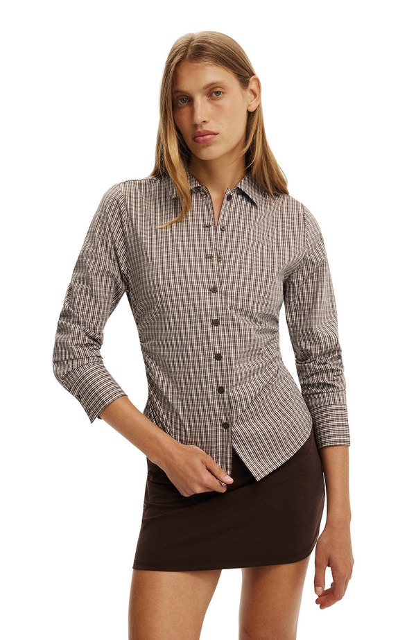 コットンオン レディース トップス シャツ Cotton Women's Peyton Gathered Long Sleeve Shirt Hazel Micro Check Rich Mocha モカ