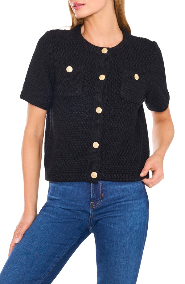 セセ レディース アウター パーカー・スウェット ジレー CeCe Short Sleeve Button-Up Cardigan Rich Black 黒いこと