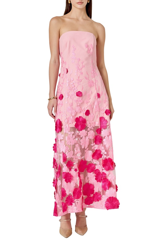 エンドレスローズ レディース トップス ワンピーストラップレス 刺繍 Endless Rosembroidered 3D Appliqu Strapless Dress Pink ピンク