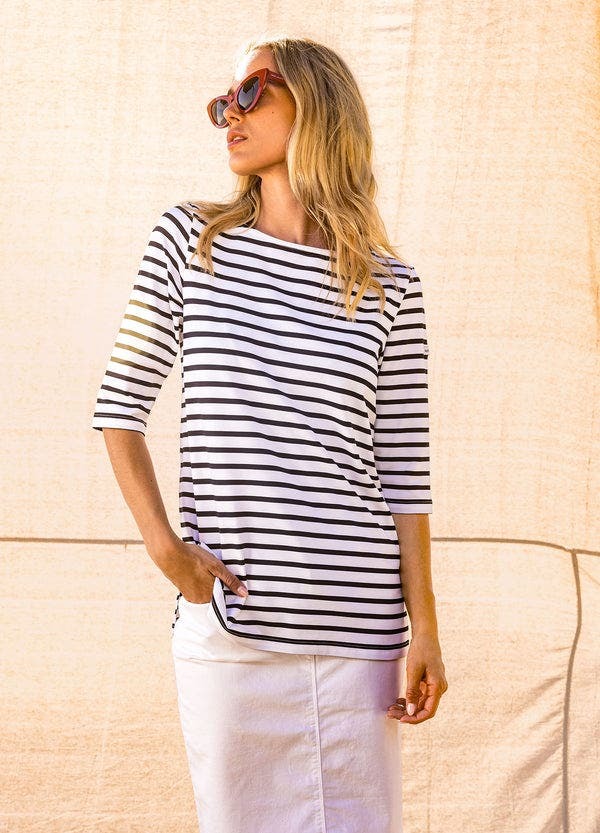 セイントジェームス レディース トップス シャツ Saint James PHARE - Boat Neck Striped UV Fabric Tunic with Slits White/Navy ホワイト|ReVida 店