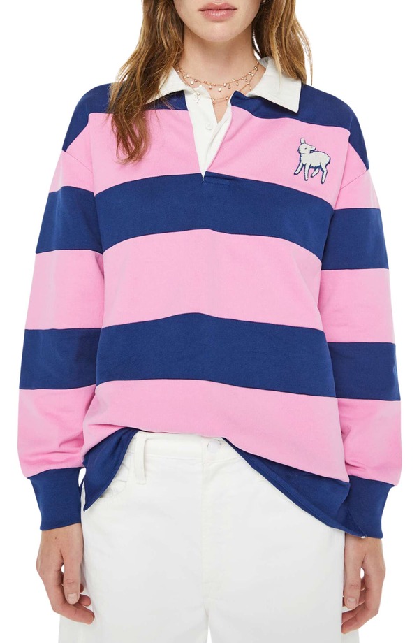 母ちゃん レディース トップス スポーツシャツ 綿織物 MOTHER Piece Huddle Cotton Rugby Polo Estate Blue And Begonia Pink 青碧