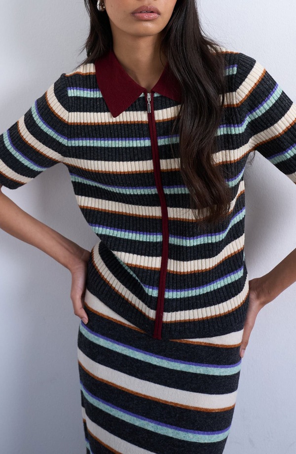 トップショップ レディース トップス ポロシャツ Topshop Stripe Zip Rib Polo Burgundy バーガンディ