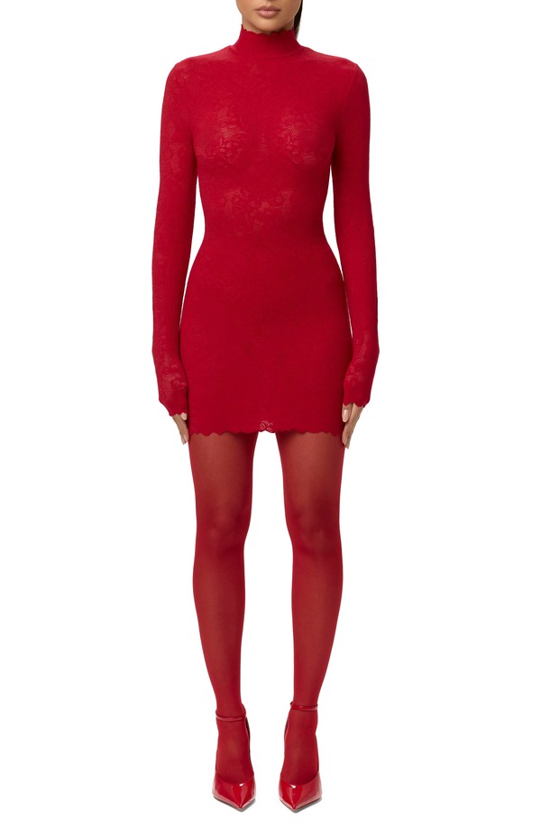 ネイキッドワードローブ レディース トップス ワンピース ミニ レース Naked Wardrobe Scalloped Long Sleeve Lace Minidress Ruby Red レッド