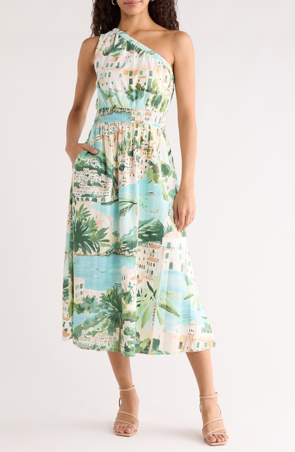 シュガーリップス レディース トップス ワンピース ミディ ワンショルダー シャーリング SUGARLIPS Piti Town Islay Smocked One-Shoulder Midi Dress Aqua-Multi アクア