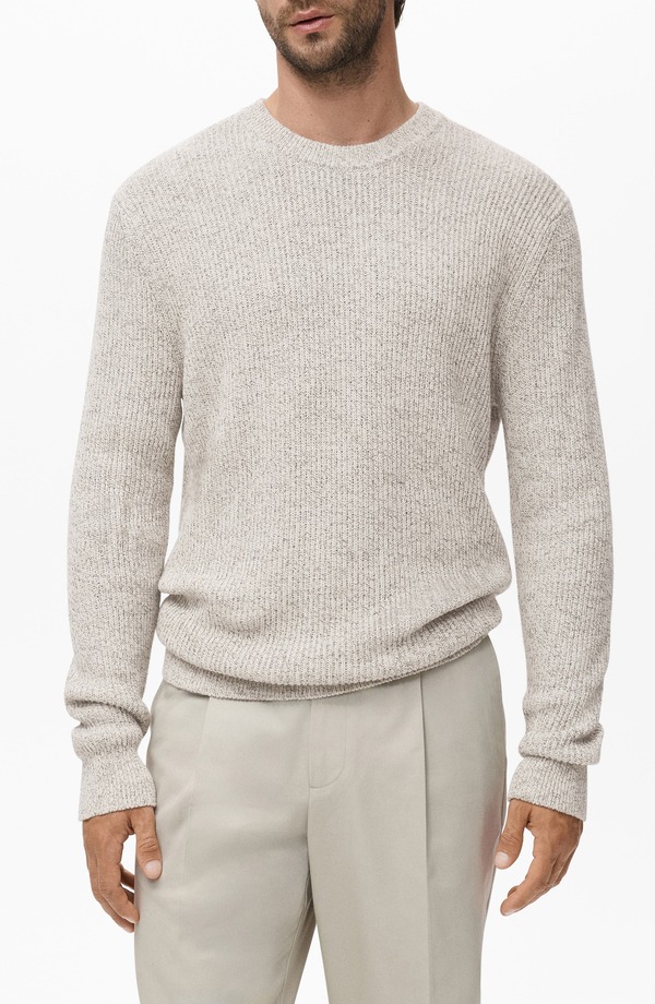 マンゴ メンズ アウター パーカー・スウェット 労働者の一団のど首 スウェーター 綿織物 MANGO Marled Cotton Crewneck Sweater Off White 象牙色