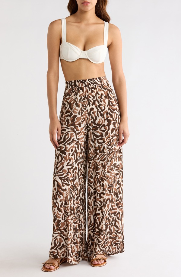 エラン レディース ボトムス レギンス ワイドレッグ プリント パンツ Elan Print Wide Leg Pants Brown Carolina ブラウン
