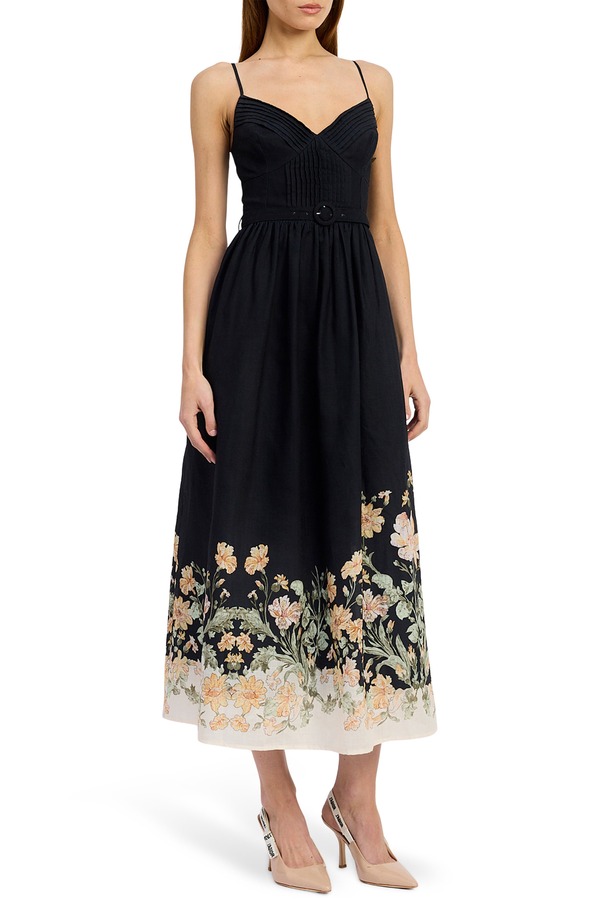 エン 時節 レディース トップス 衣装 御花柄 刷り上げる マキシ 御花 En Saison Iris Belted Floral Print Maxi Dress Black Ginger Olive 黒いこと