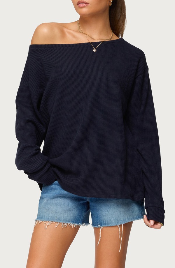 アディクテッド レディース アウター パーカー・スウェット 一肩先 スウェーター EDIKTEDamari One-Shoulder Oversize Sweater Navy 米国海軍