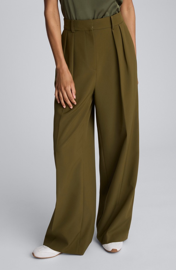 ケネスコール レディース ボトムス レギンス ワイドレッグ ハイウエスト パンツ Kenneth Cole Double Pleat High Waist Wide Leg Pants Olive Green グリーン