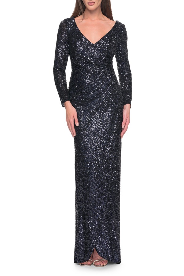ラフェム レディース トップス ワンピースパンコール La Femme Long Sleeve Sequin Evening Dress with Ruching Navy ネイビー