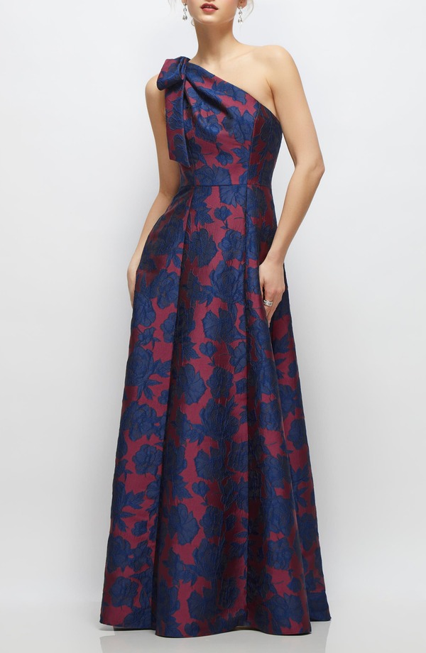 アルフレッド レディース トップス ワンピース ワンショルダー Alfred Sung Bow One-Shoulder Jacquard Ballgown Burgundy Navy Floral ネイビー 52,080円