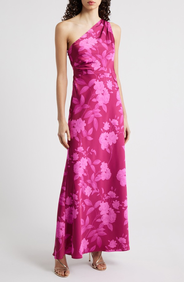 サーチンアンドバビ レディース トップス ワンピース クレープ フラワー柄 ワンショルダー サテン フラワー Sachin & Babi Delphine Floral One-Shoulder Satin Crepe Sheath Gown Rhodolite Roses