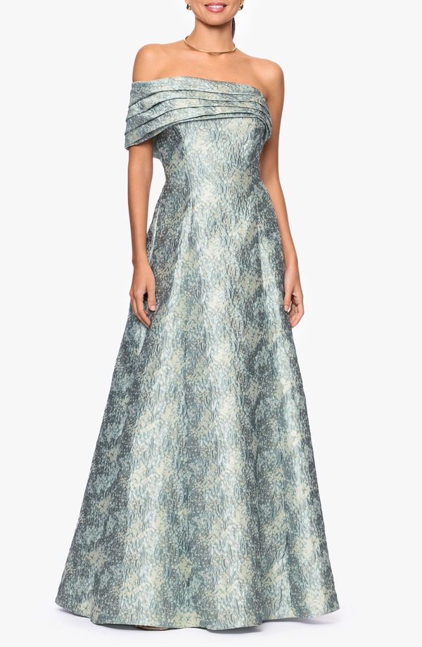 ベッツィアンドアダム レディース トップス ワンピース フラワー柄 フラワー Betsy & Adam Floral Brocade Off the Shoulder Gown Sage/ Ivory アイボリー｜ReVida 店
