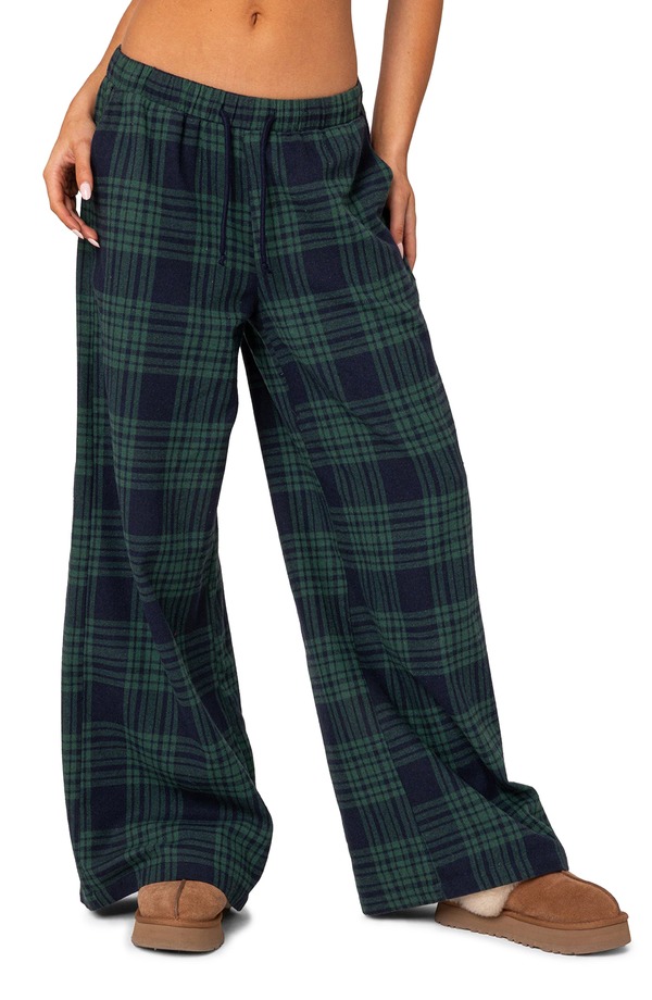 アディクテッド レディース ボトムス 心地好いズボン下 ワイドレッグ EDIKTED Lounge Around Plaid Wide Leg Pants Navy 米国海軍
