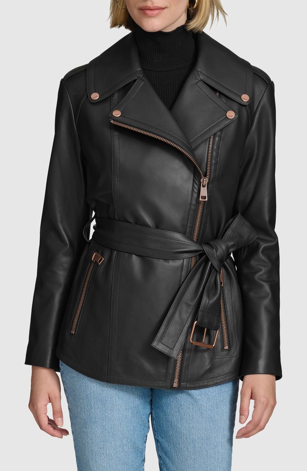 アンドリューマーク レディース アウター ジャケット・ブルゾン レザー Andrew Marc Delphine Belted Leather Jacket Black ブラック