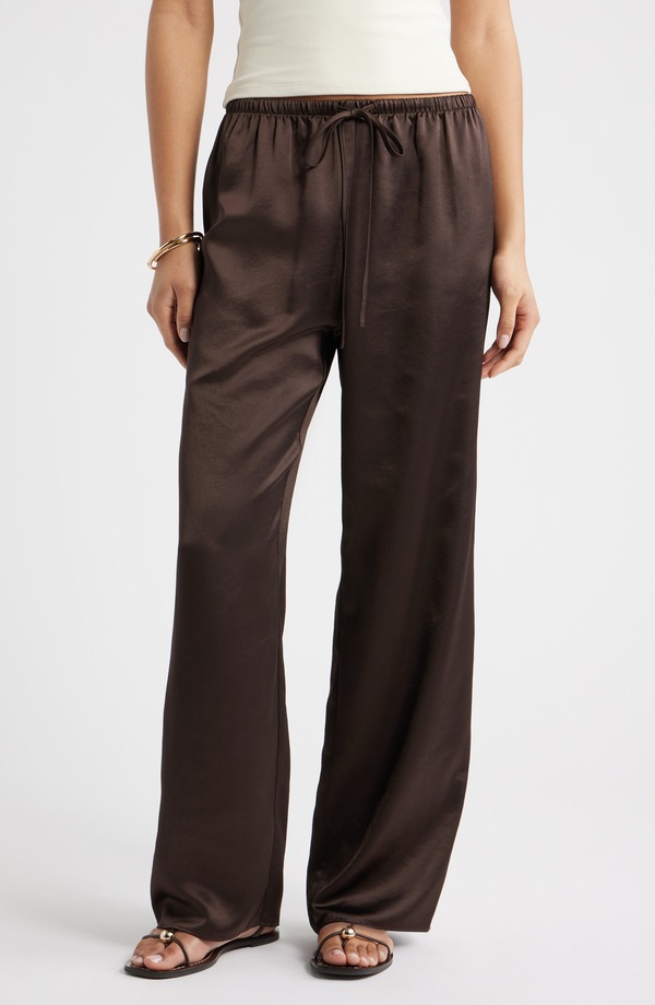 オープンエディット レディース ボトムス レギンス ドローコードウエスト パンツ サテン Open Edit Drawstring Waist Satin Pants Brown Seal ブラウン