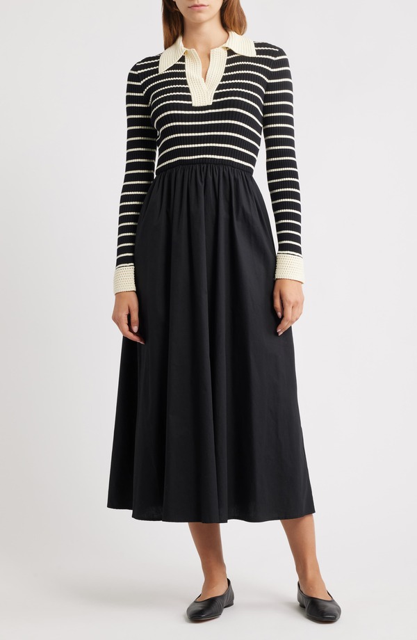ムーンリバー レディース トップス ワンピース ミディ MOON RIVER Stripe Long Sleeve Twofer Midi Dress Black ブラック|ReVida 店