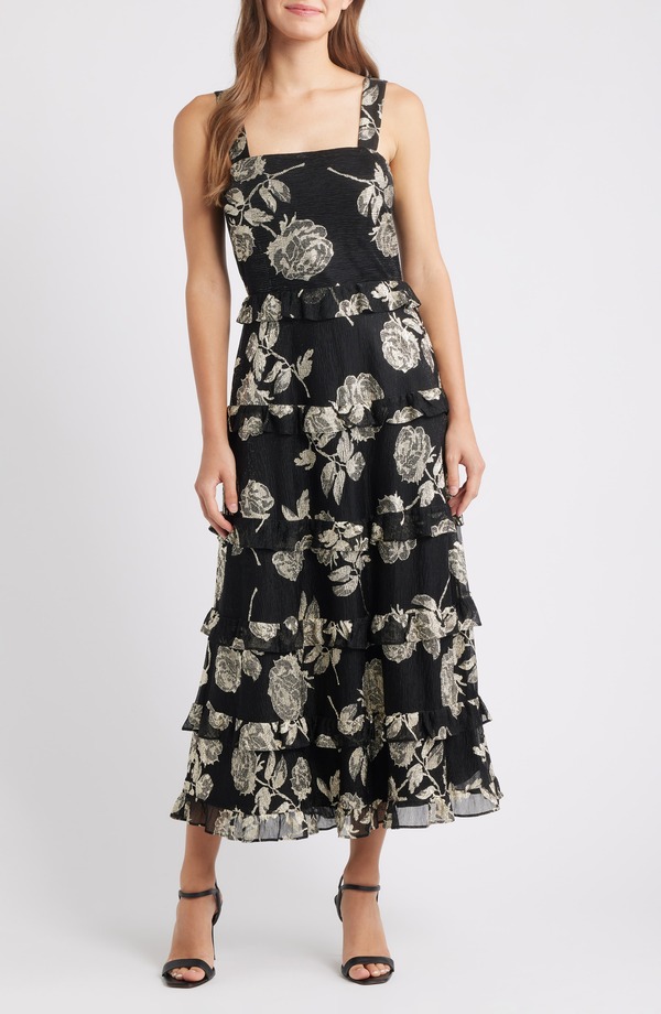 アンクライン レディース トップス ワンピース ティアード フリル トール ノースリーブ マキシ Anne Klein Metallic Tiered Ruffle Sleeveless Maxi Dress Gold/ Anne Black ブラック