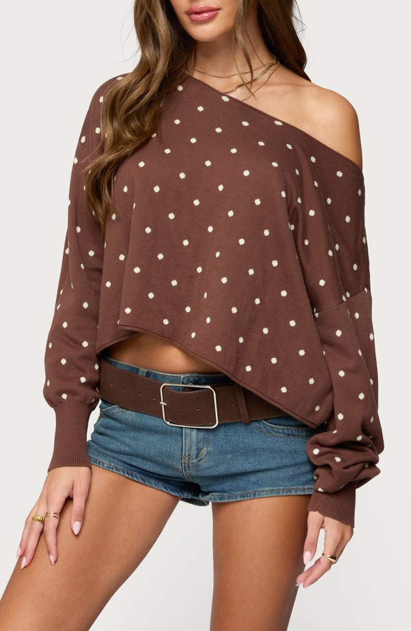 アディクテッド レディース トップス シャツ ドット柄 ドット セーター EDIKTED Oversize Off the Shoulder Polka Dot Sweater Brown ブラウン