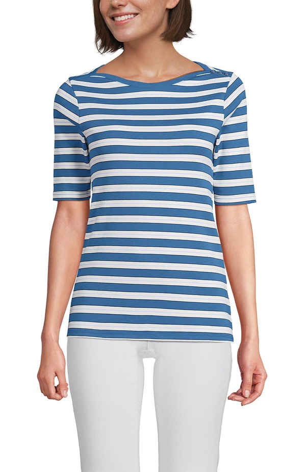 ランズエンド レディース トップス Tシャツ コットン Lands' End Supima Cotton Elbow Sleeve Boatneck Button Shoulder Tee Teal Blue Ocean Multi Stripe ブルー
