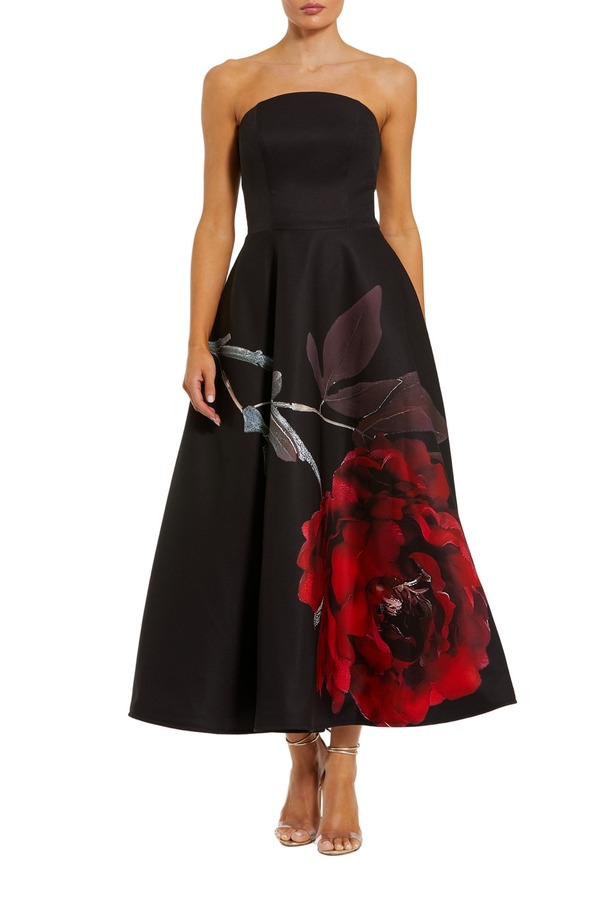マックダガル レディース トップス ワンピース クレープリント ミディ ストラップレス Mac Duggal Crepe Printed Strapless Midi Dress With Pockets Black Rose ブラック