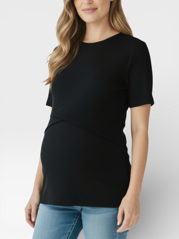 マザーフッドマタニティー レディース トップス シャツ クルーネック MOTHERHOOD MATERNITY Crew Neck Cross Over Nursing Short Sleeve Top Black ブラック｜ReVida 店