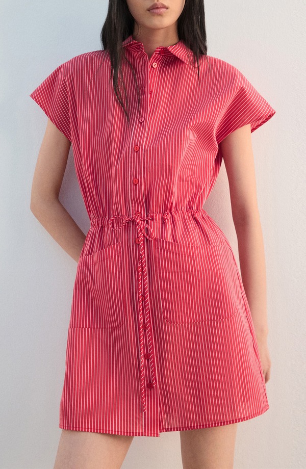 マンゴ レディース トップス ワンピース シャツ MANGO Stripe Tie Waist Shirtdress Red レッド|ReVida 店