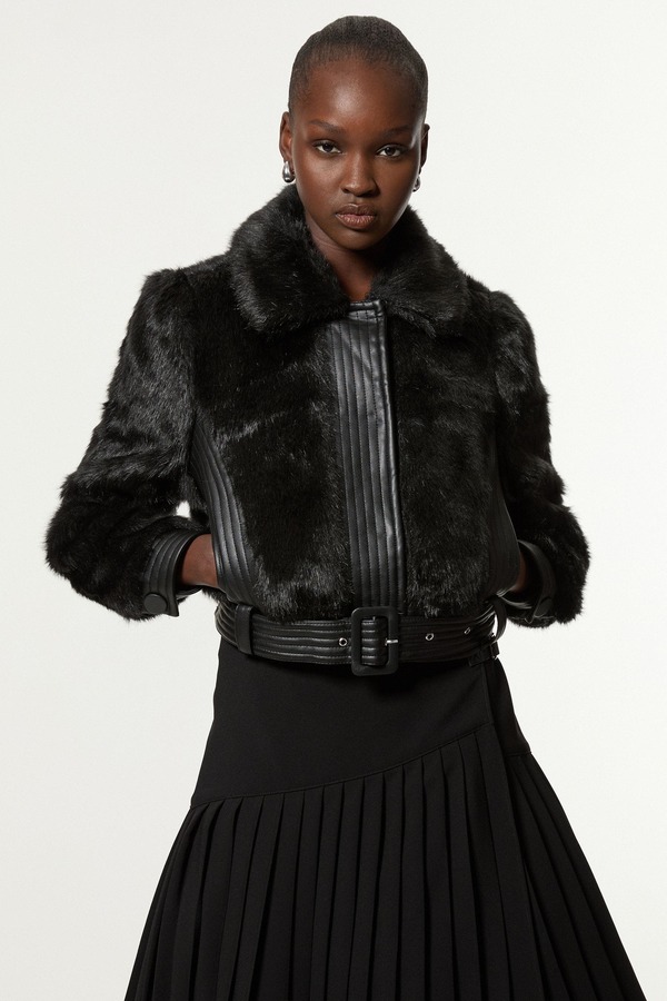 カレンミレン レディース アウター ジャケット・ブルゾン クロップド Karen Millen Faux Fur Pu Panel Belted Cropped Jacket Black ブラック