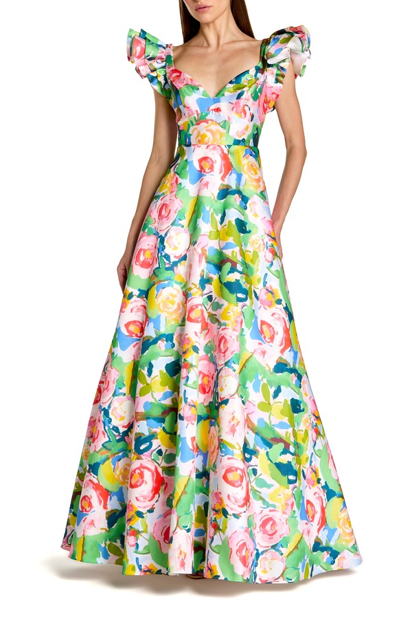マックダガル レディース トップス ワンピース Vネック プリント フリル Mac Duggal Printed Mikado Ruffle Sleeve V Neck Ballgown Blue Multi ブルー｜ReVida 店