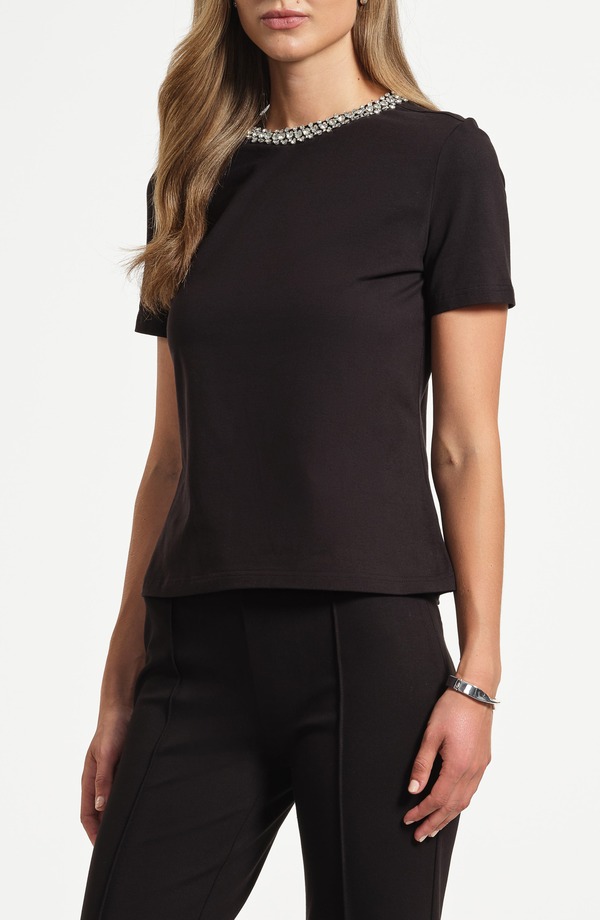 アイザック・ミズラヒ レディース トップス プルオーバー Isaac Mizrahi New York Embellished Jewel Neck T-Shirt Black 黒いこと