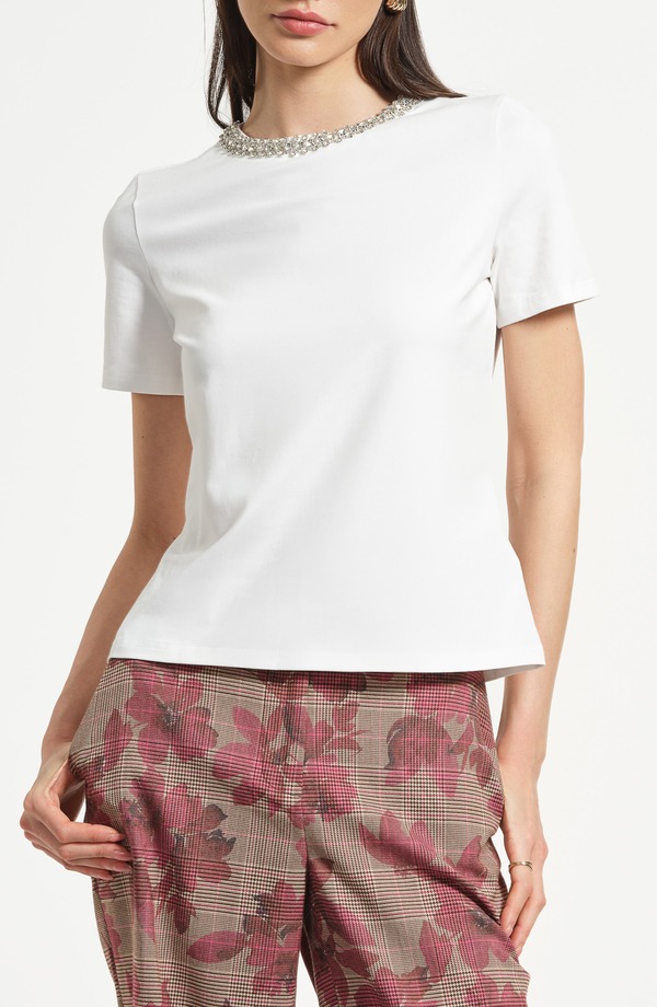 アイザック・ミズラヒ レディース トップス プルオーバー Isaac Mizrahi New York Embellished Jewel Neck T-Shirt White 白いこと
