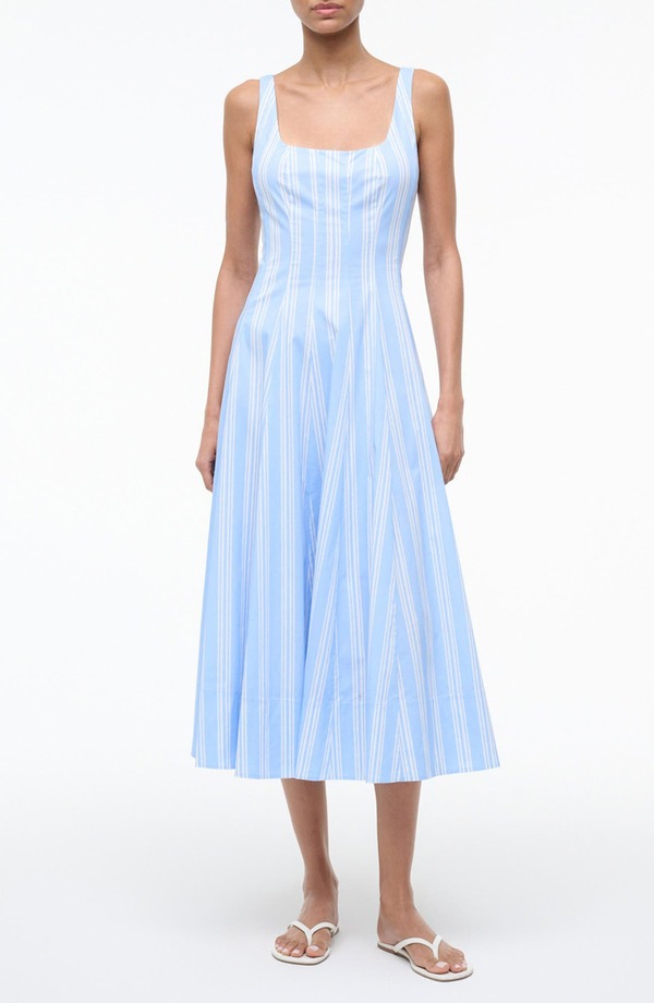 スタウド レディース トップス ワンピース A ライン ミディ STAUD Wells Pinstripe A-Line Midi Dress Ventura Stripe ストライプ｜ReVida 店