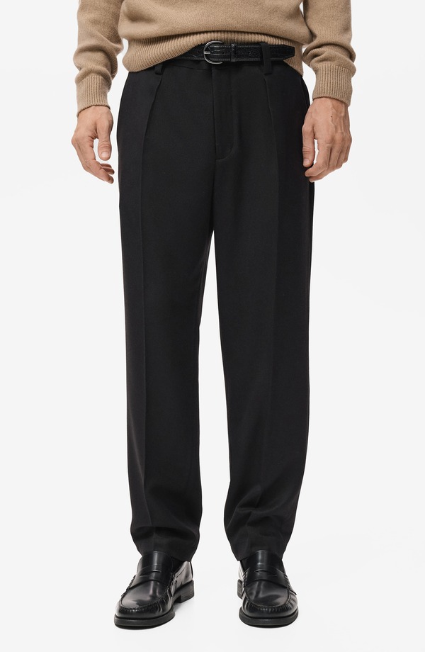 マンゴ メンズ ボトムス 心地好いズボン下 レギュラー相応う 筋目 MANGO Regular Fit Pleated Pants Black 黒いこと ズボン・パンツ-メンズファッション