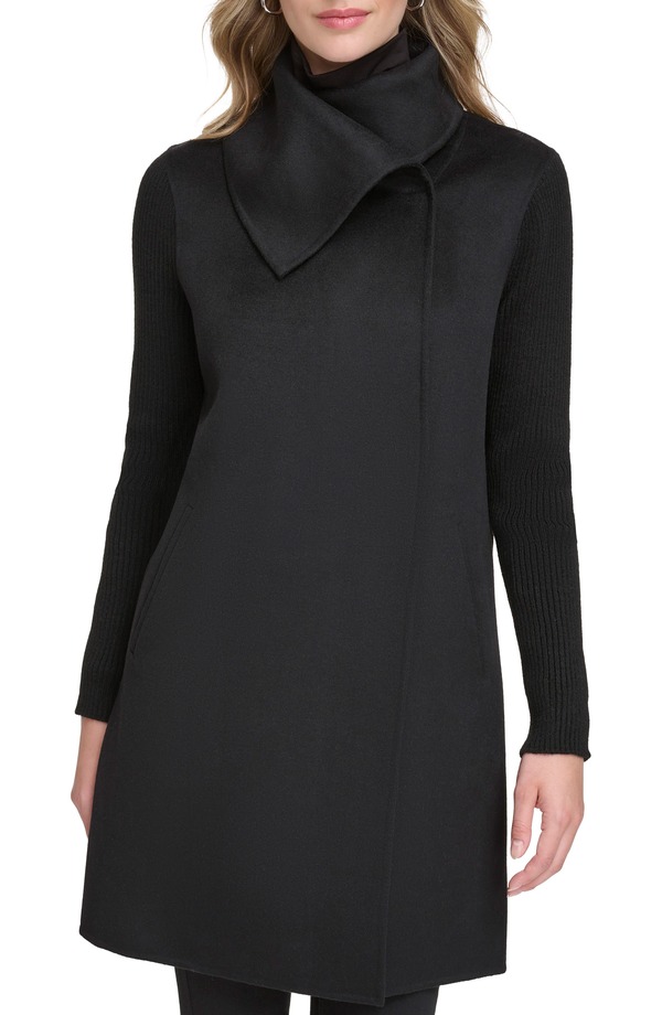 ケネスコール レディース アウター 上衣・上衣 厚地の外套 Kenneth Cole New York Rib Sleeve Mixed Media Coat Black 黒いこと
