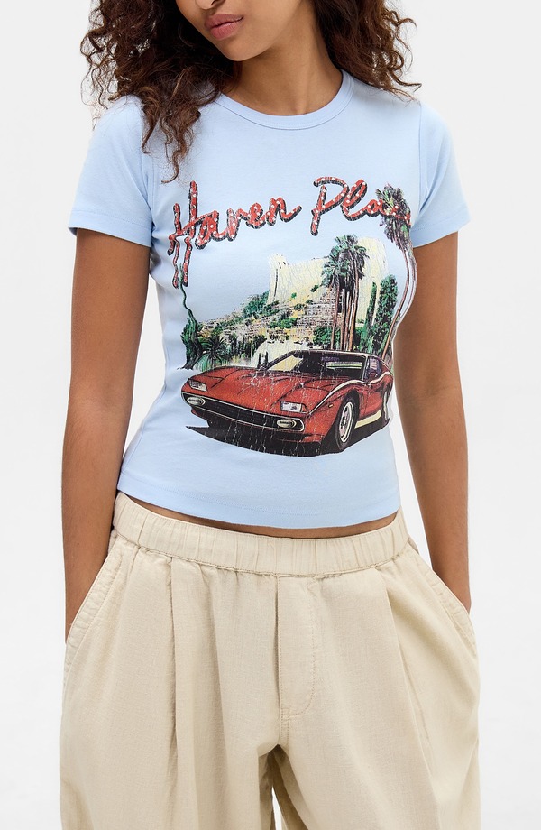 アーバンアウトフィッターズ レディース トップス Tシャツ コットン レース BDG Urban Outfitters Haven Place Crystal Embellished Cotton Baby Tee Blue ブルー｜ReVida 店